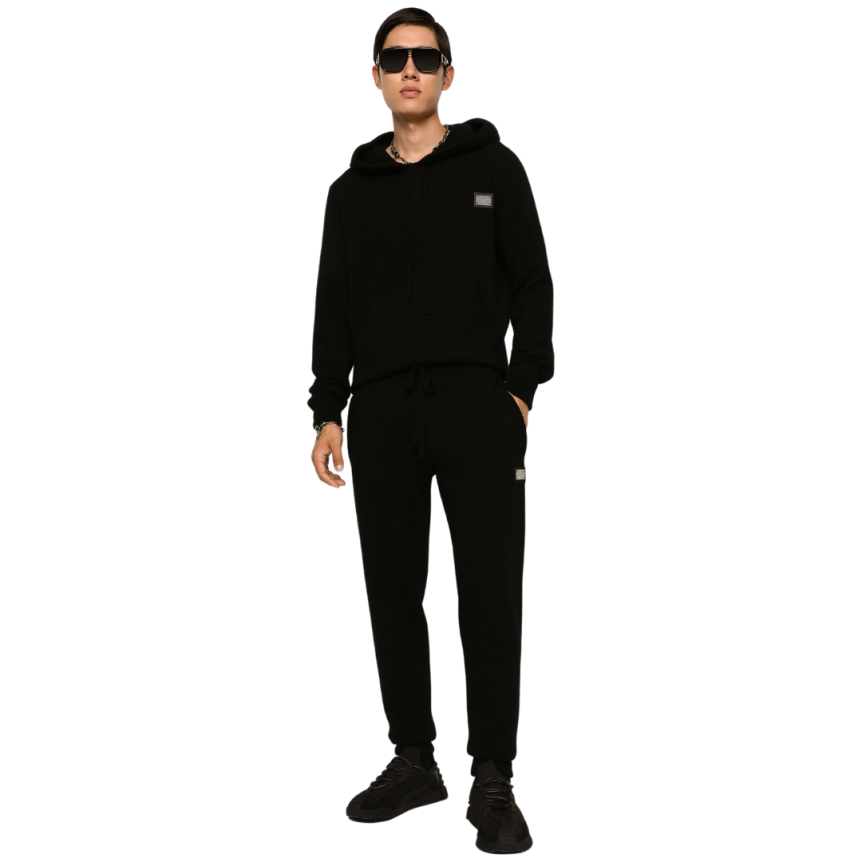 Pull à capuche DOLCE & GABBANA en laine et cachemire noir plaque logo métal