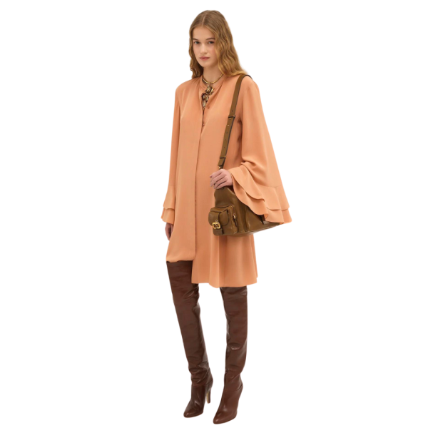 Robe chemise CHLOE courte fluide soie beige manche volants