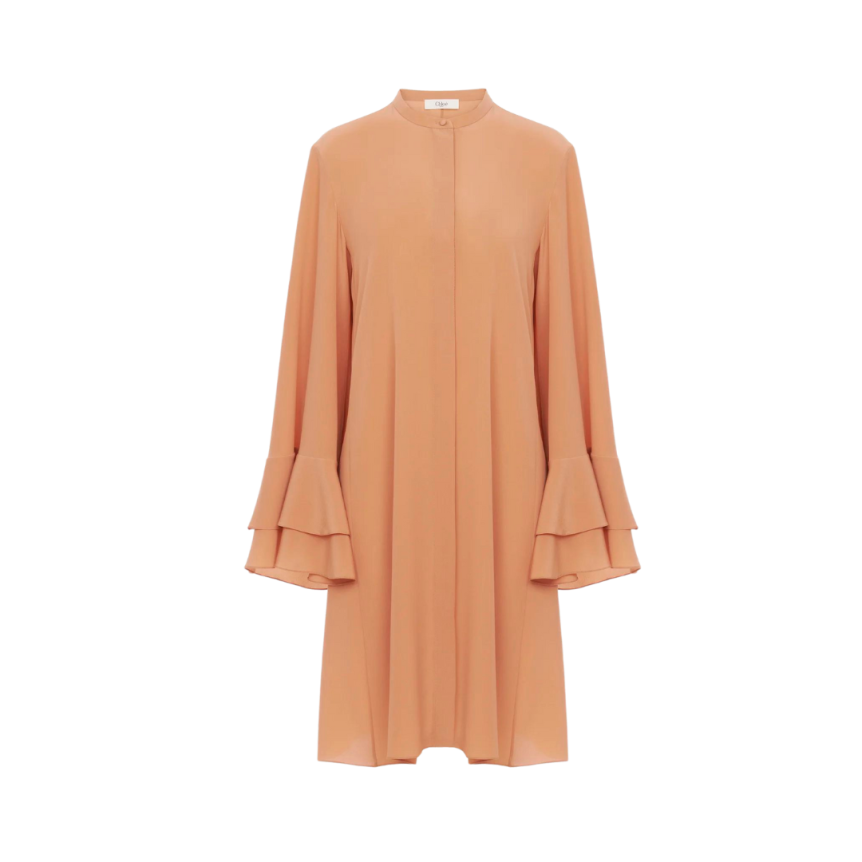 Robe chemise CHLOE courte fluide soie beige manche volants