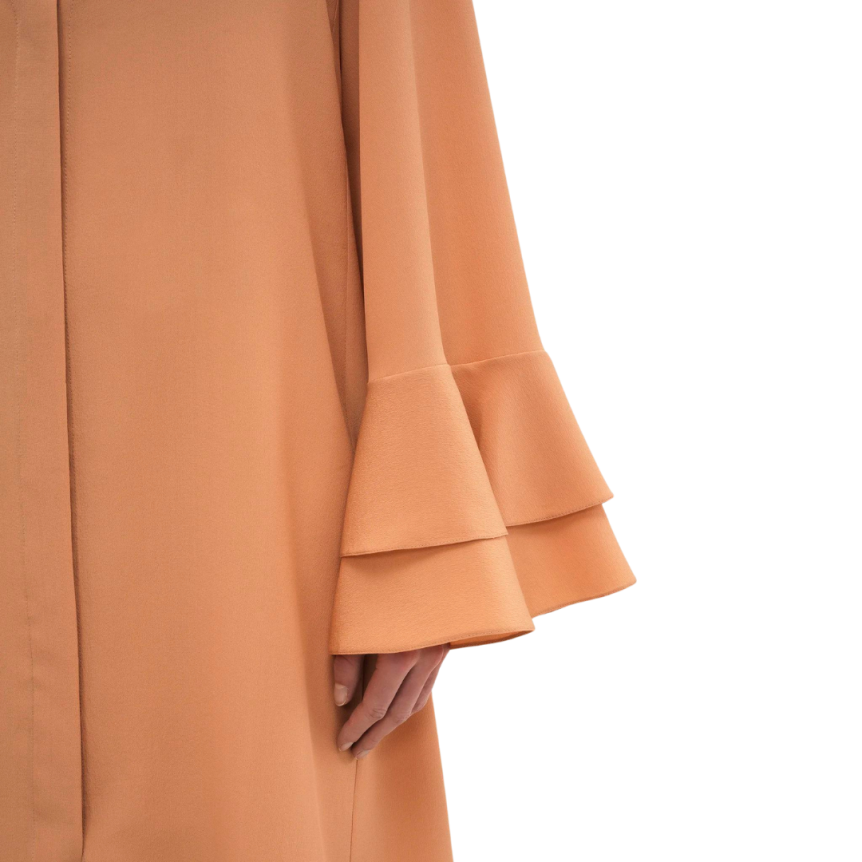 Robe chemise CHLOE courte fluide soie beige manche volants