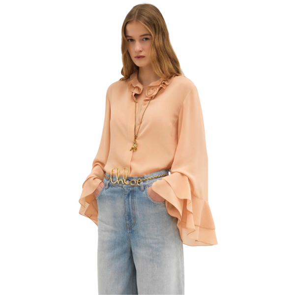 Blouse fluide CHLOE Georgette de soie bio beige col poignets volants