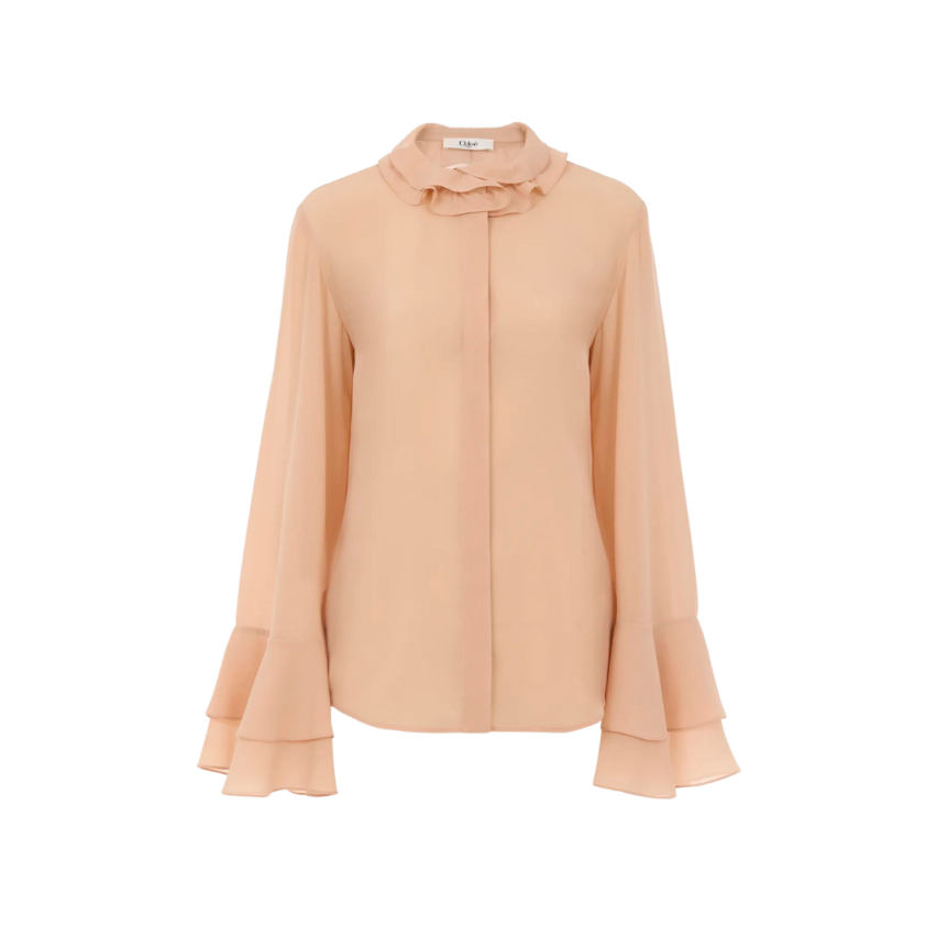 Blouse fluide CHLOE Georgette de soie bio beige col poignets volants