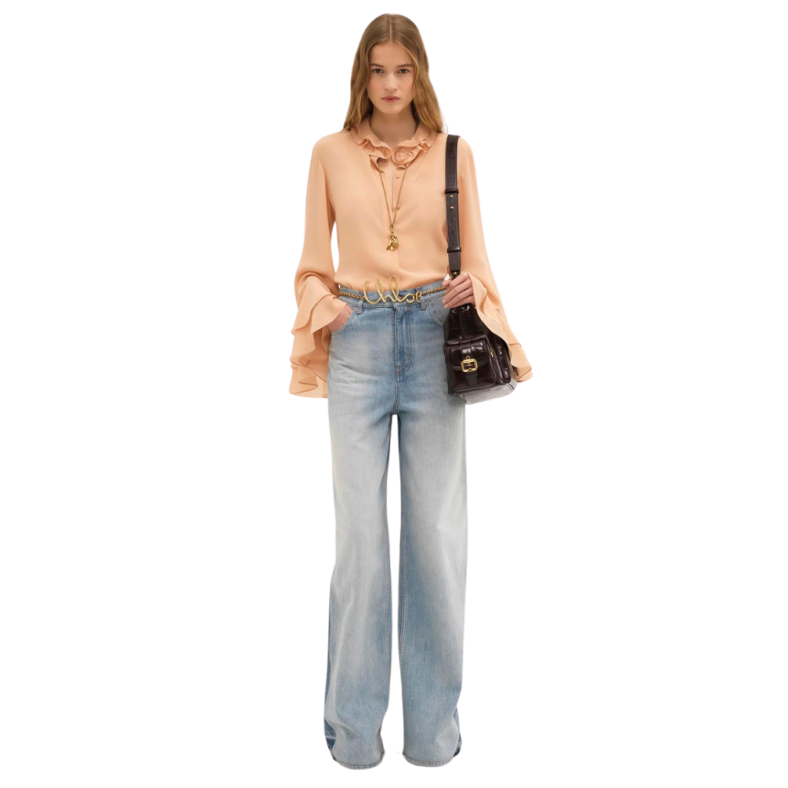 Blouse fluide CHLOE Georgette de soie bio beige col poignets volants