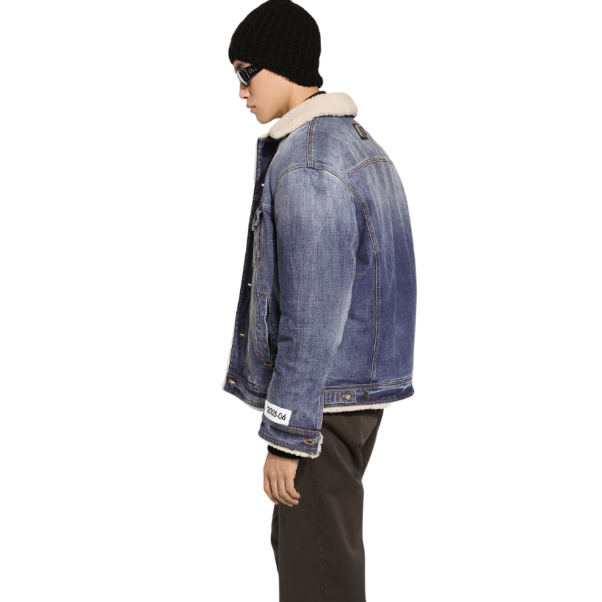 Blouson jean DOLCE & GABBANA denim bleu col mouton écru Réédition