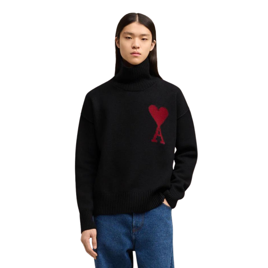 Pull col roulé AMI laine mérinos feutrée bleu marine gros cœur rouge