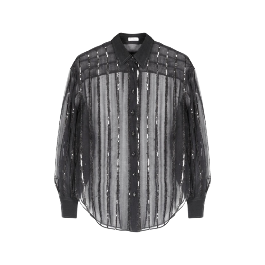 Chemise manche longue BRUNELLO CUCINELLI soie gris anthracite rayures sequins