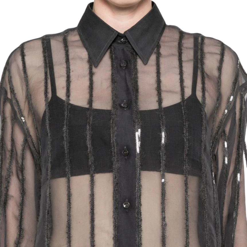 Chemise manche longue BRUNELLO CUCINELLI soie gris anthracite rayures sequins