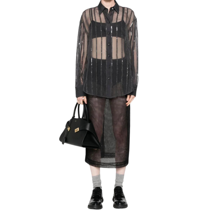 Chemise manche longue BRUNELLO CUCINELLI soie gris anthracite rayures sequins