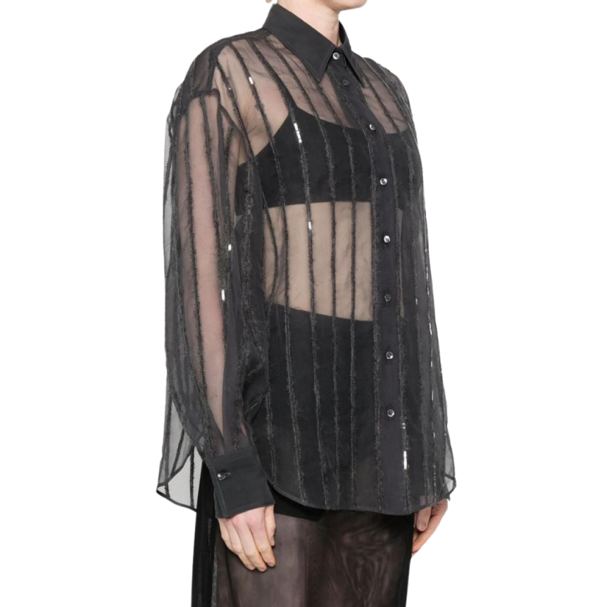 Chemise manche longue BRUNELLO CUCINELLI soie gris anthracite rayures sequins