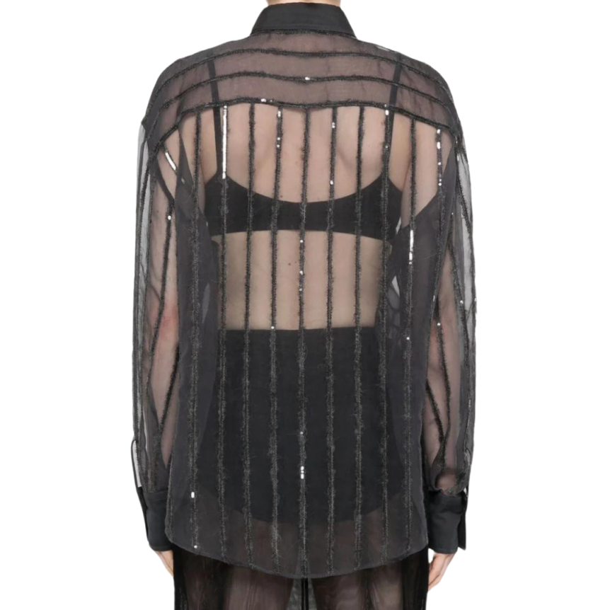 Chemise manche longue BRUNELLO CUCINELLI soie gris anthracite rayures sequins