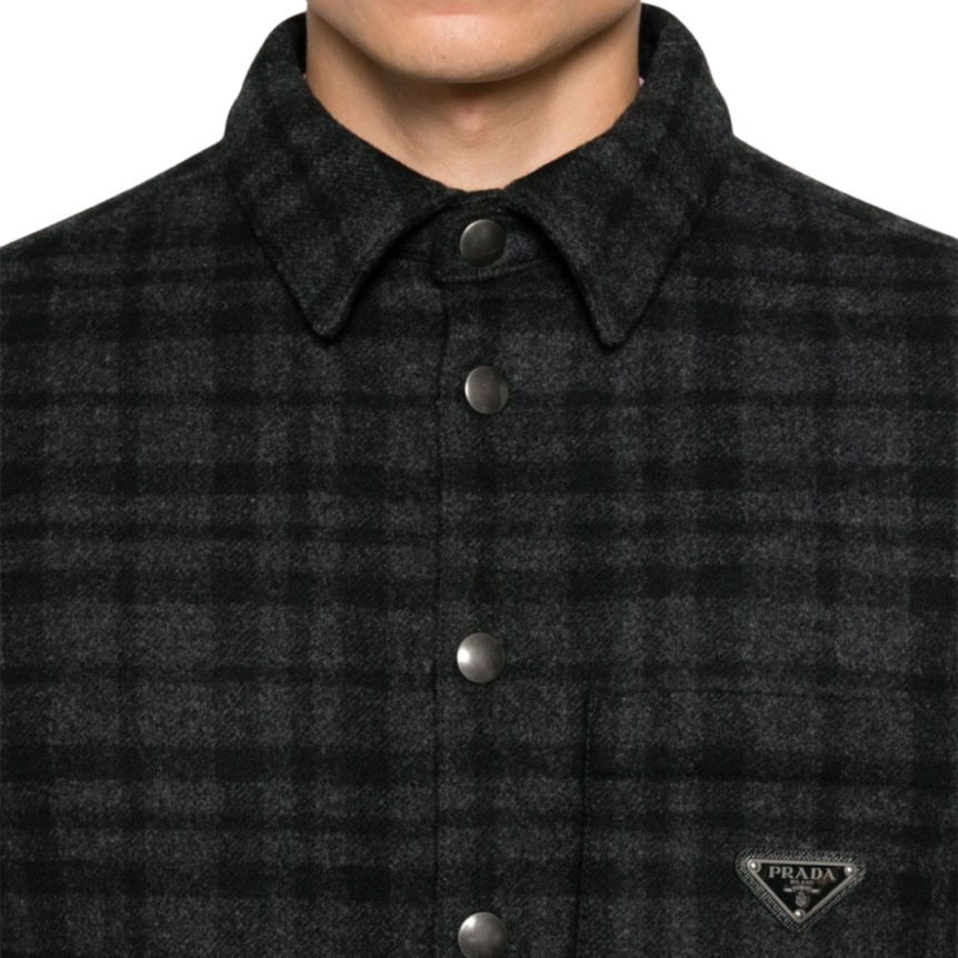 Veste surchemise PRADA gris anthracite carreaux noir