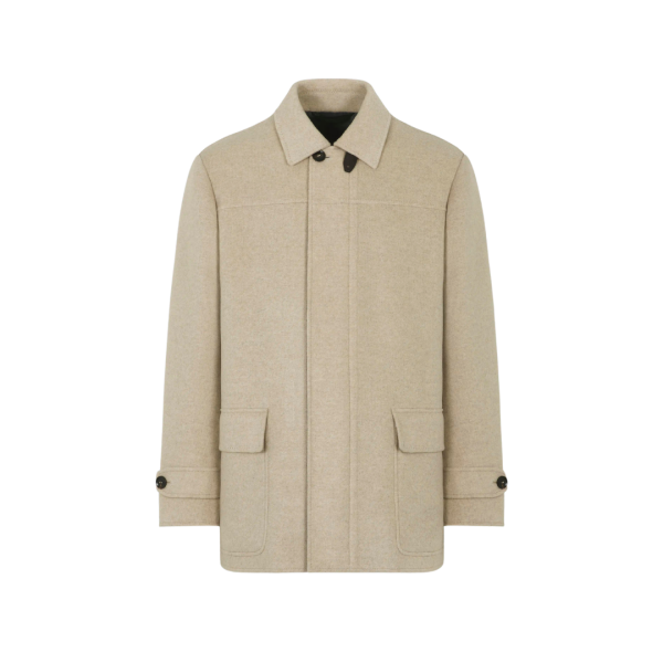 Parka BRIONI cachemire beige doublé col chemise patte cuir