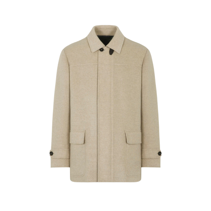 Parka BRIONI cachemire beige doublé col chemise patte cuir