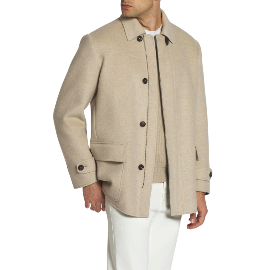 Parka BRIONI cachemire beige doublé col chemise patte cuir