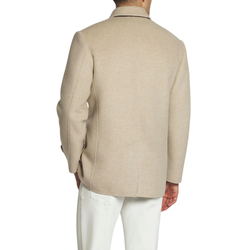 Parka BRIONI cachemire beige doublé col chemise patte cuir