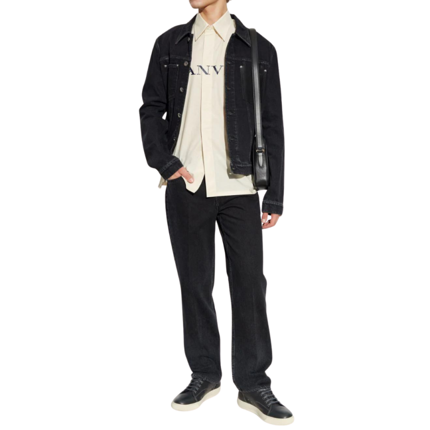 Chemise manche courte LANVIN coton beige clair logo XL