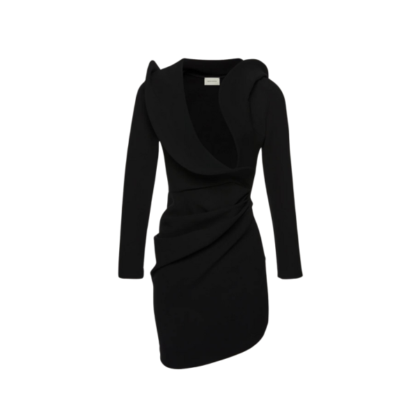 Robe MAGDA BUTRYM mini sculpturale col v manches longues laine noir