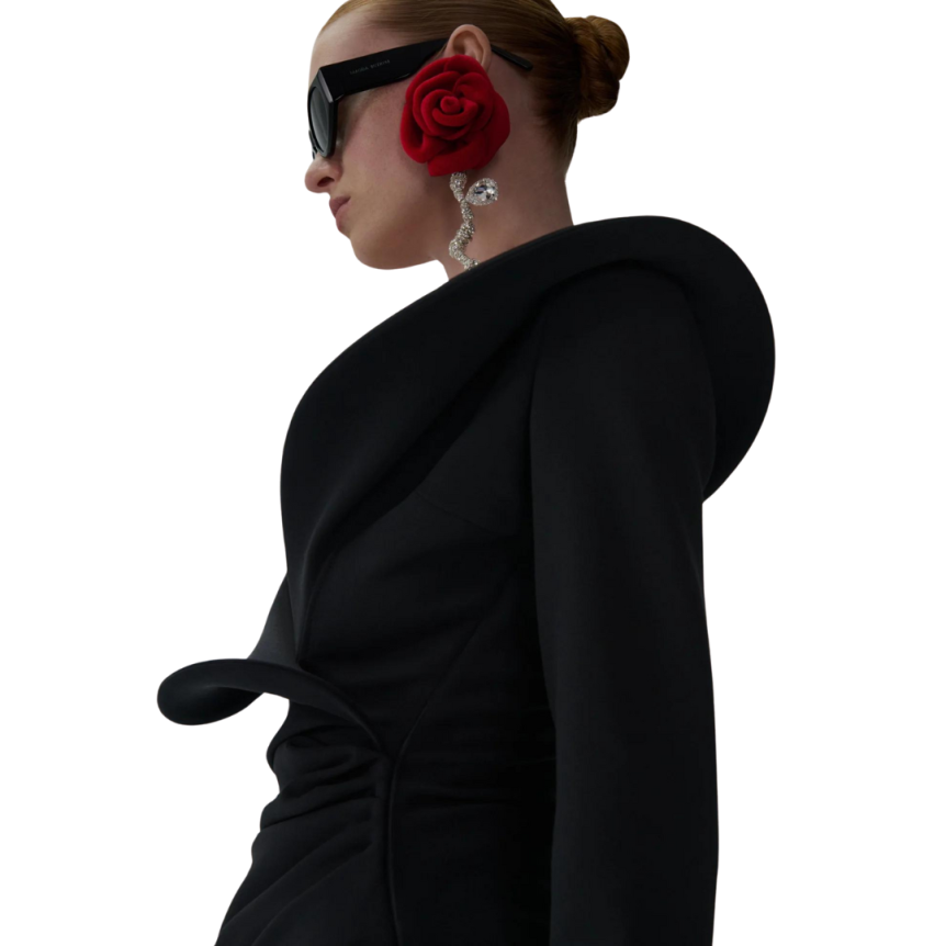 Robe MAGDA BUTRYM mini sculpturale col v manches longues laine noir