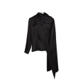 blouse col rond soie noir drapé col effet cape