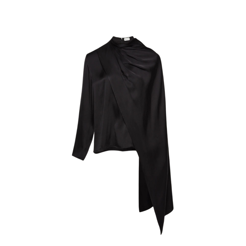 blouse MAGDA BUTRYM col rond soie noir drapé col effet cape