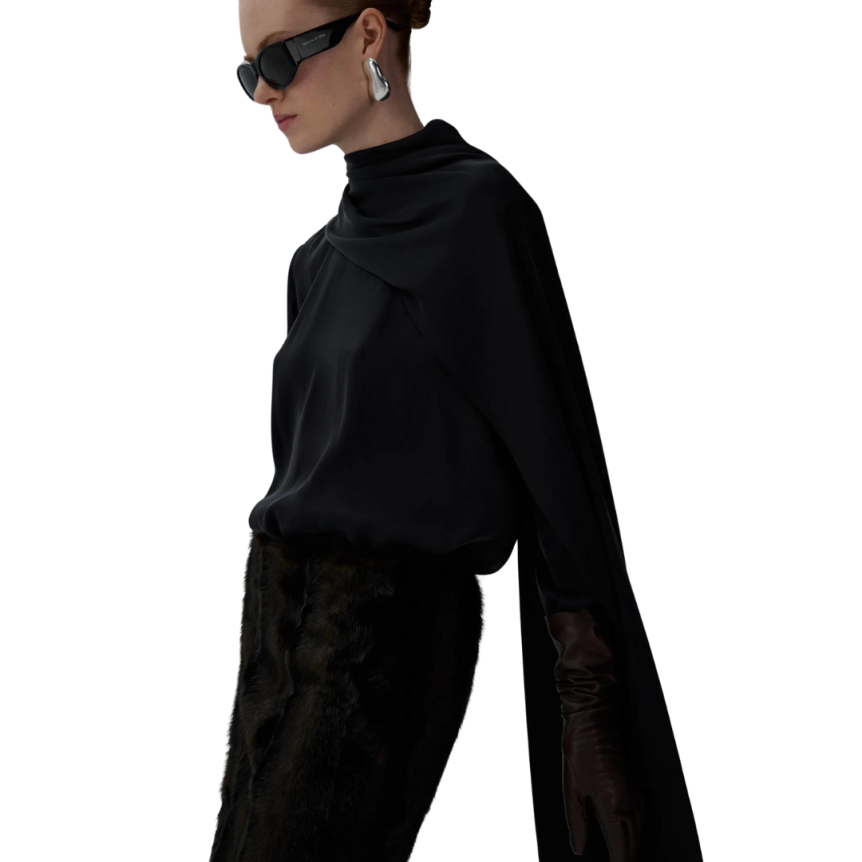 blouse MAGDA BUTRYM col rond soie noir drapé col effet cape