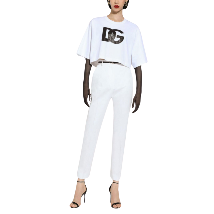 Pantalon droit DOLCE & GABBANA taille haute coton blanc