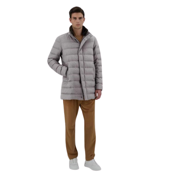 Manteau doudoune HERNO flanelle cachemire soie blanc col fourrure