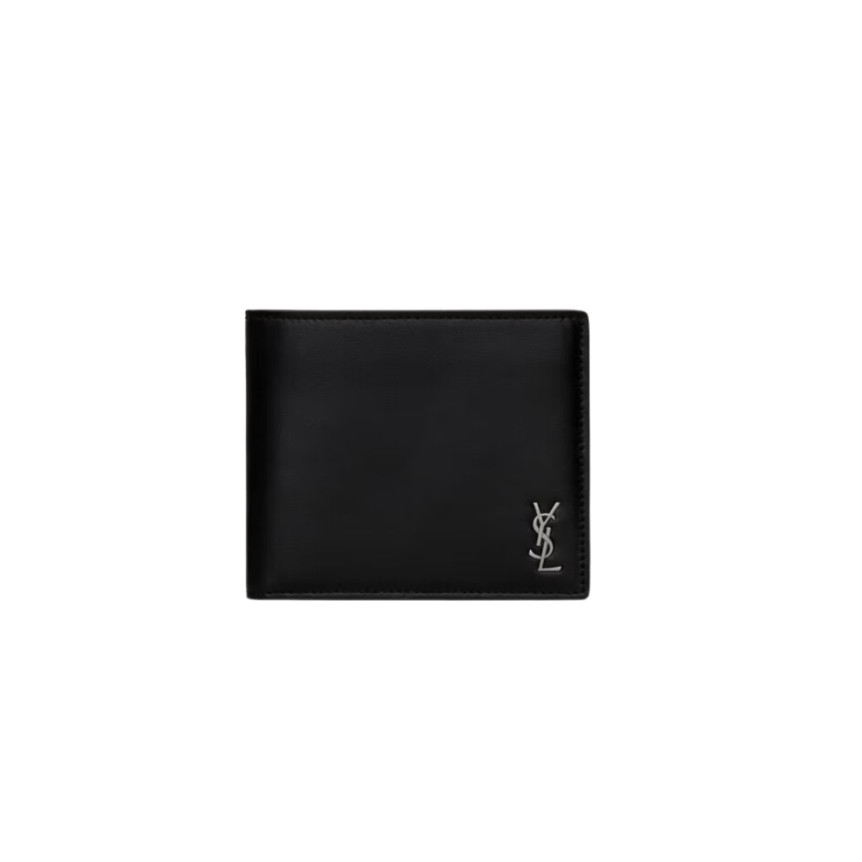 Portefeuille 2 volets SAINT LAURENT Cassandre cuir noir petit YSL argent