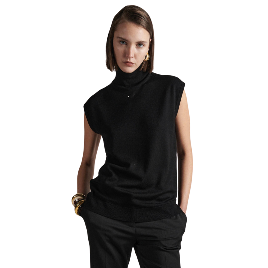BARBARA BUI Pull oversize col roulé sans manches laine mérinos noire