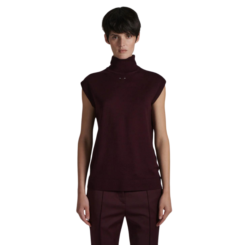 BARBARA BUI Pull oversize col roulé sans manches laine mérinos prune