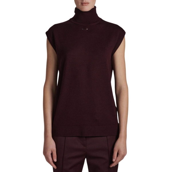 BARBARA BUI Pull oversize col roulé sans manches laine mérinos prune