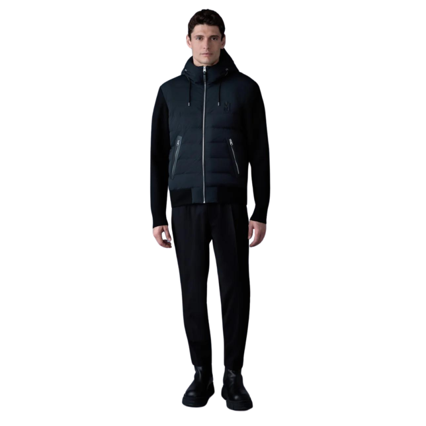 Veste zippée MACKAGE Andrew matelassée bi matière noir capuche cuir
