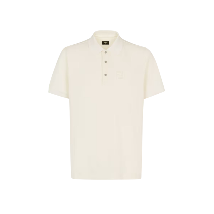Polo FENDI manche courte coton piqué écru FF poitrine bouton métal