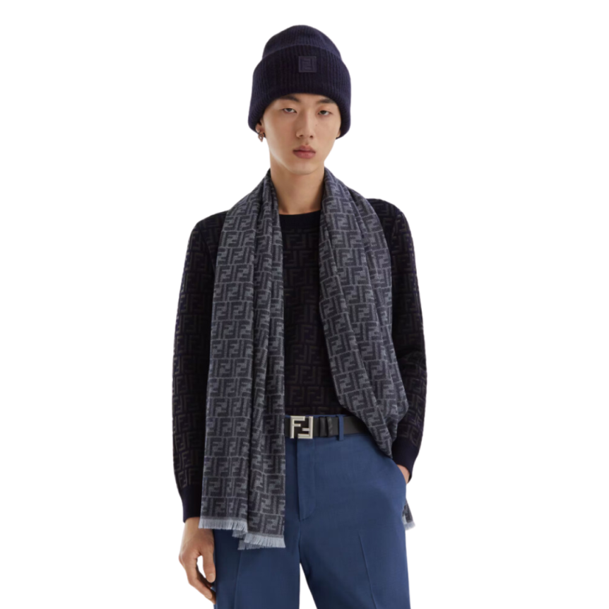 Écharpe FENDI jacquard micro FF laine bleu jean franges