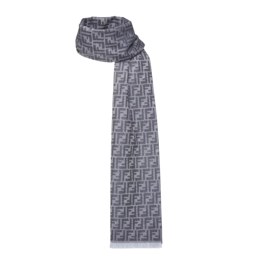 Écharpe FENDI jacquard micro FF laine bleu jean franges