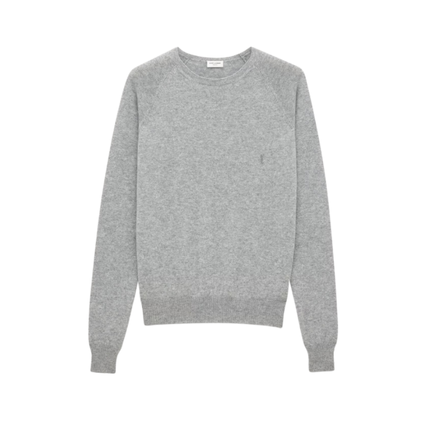 Pull SAINT LAURENT Cassandre col rond cachemire gris clair logo YSL