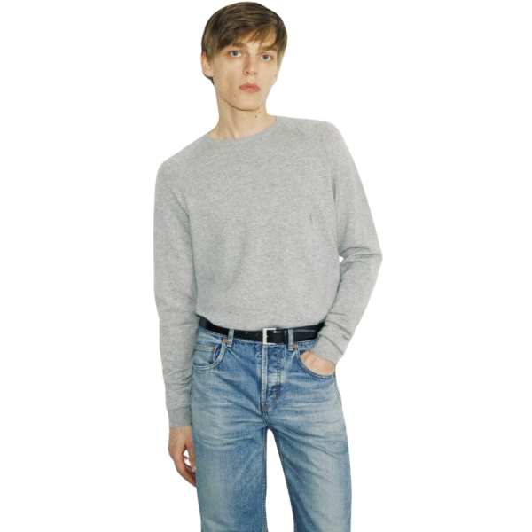 Pull SAINT LAURENT Cassandre col rond cachemire gris clair logo YSL