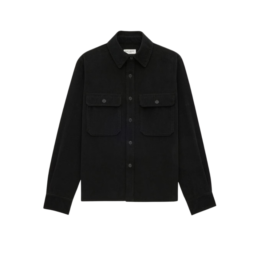Surchemise boutons SAINT LAURENT col pointe coton velours noir poches poitrine