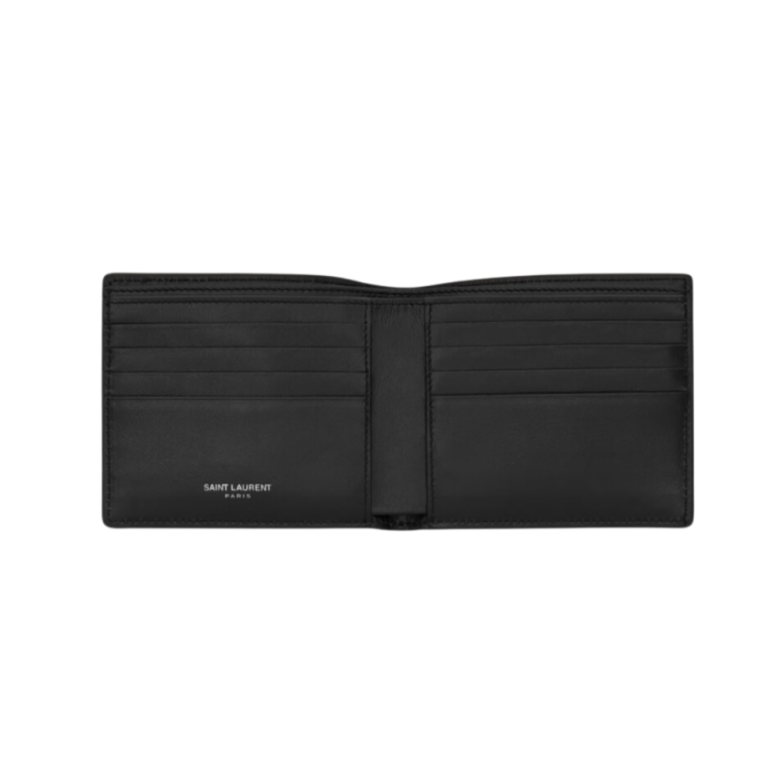 Portefeuille 2 volets SAINT LAURENT cuir veau noir logo Cassandre YSL argent