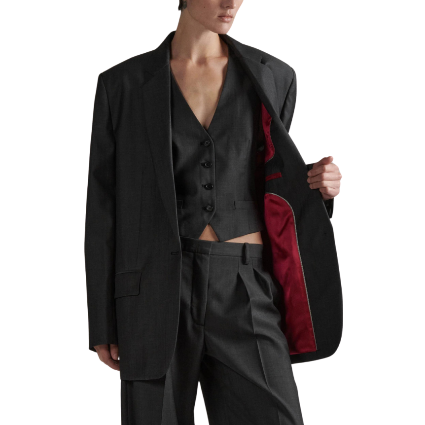 Veste de costume droite BARBARA BUI chambray de laine gris anthracite