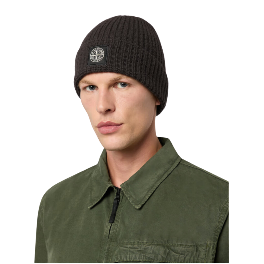 Bonnet STONE ISLAND laine vierge gris chiné écusson logo