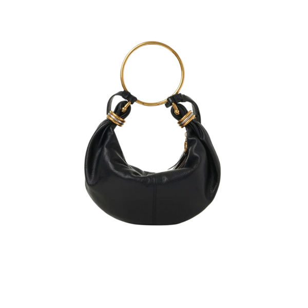 Petit sac CHLOE Hobo cuir veau grainé brillant noir anneaux métal doré