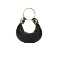 Petit sac Hobo cuir veau grainé brillant noir anneaux métal doré