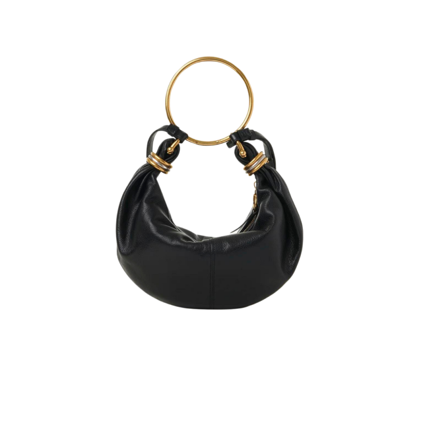 Petit sac CHLOE Hobo cuir veau grainé brillant noir anneaux métal doré
