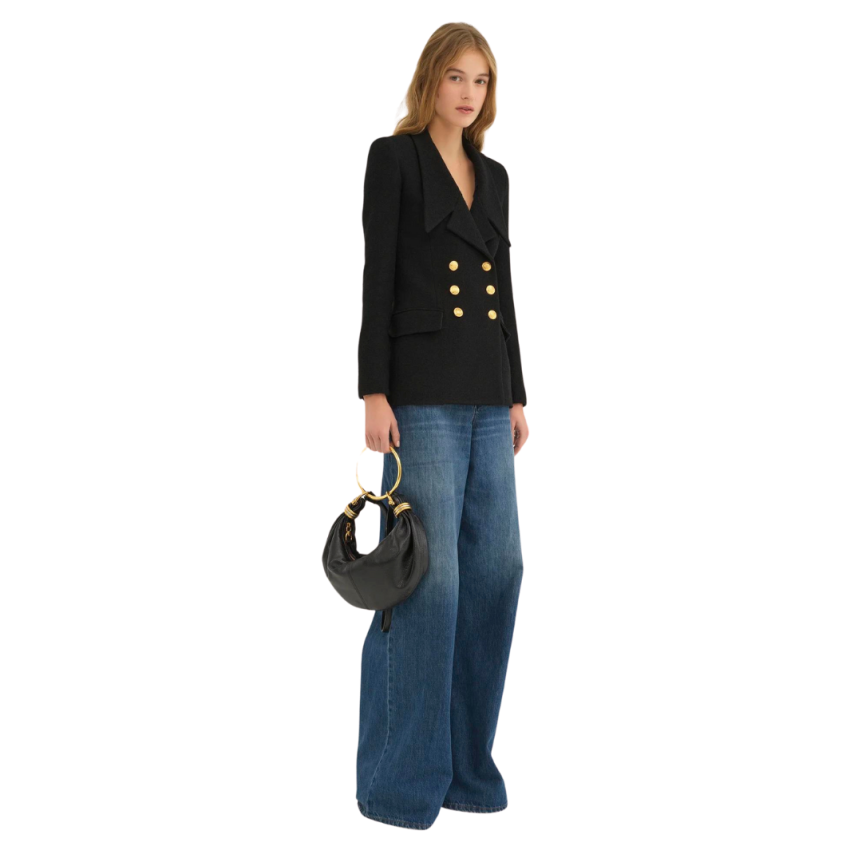 Petit sac CHLOE Hobo cuir veau grainé brillant noir anneaux métal doré