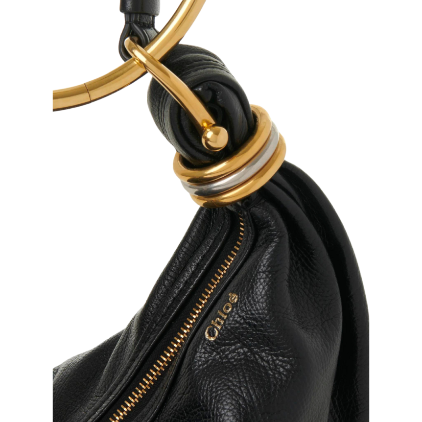 Petit sac CHLOE Hobo cuir veau grainé brillant noir anneaux métal doré
