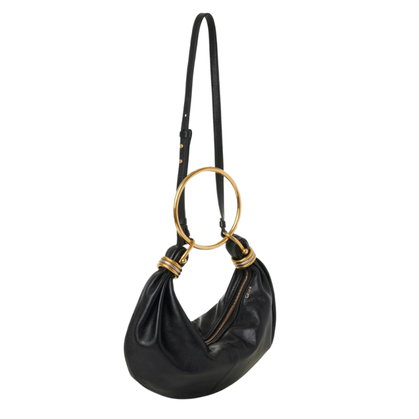 Petit sac CHLOE Hobo cuir veau grainé brillant noir anneaux métal doré