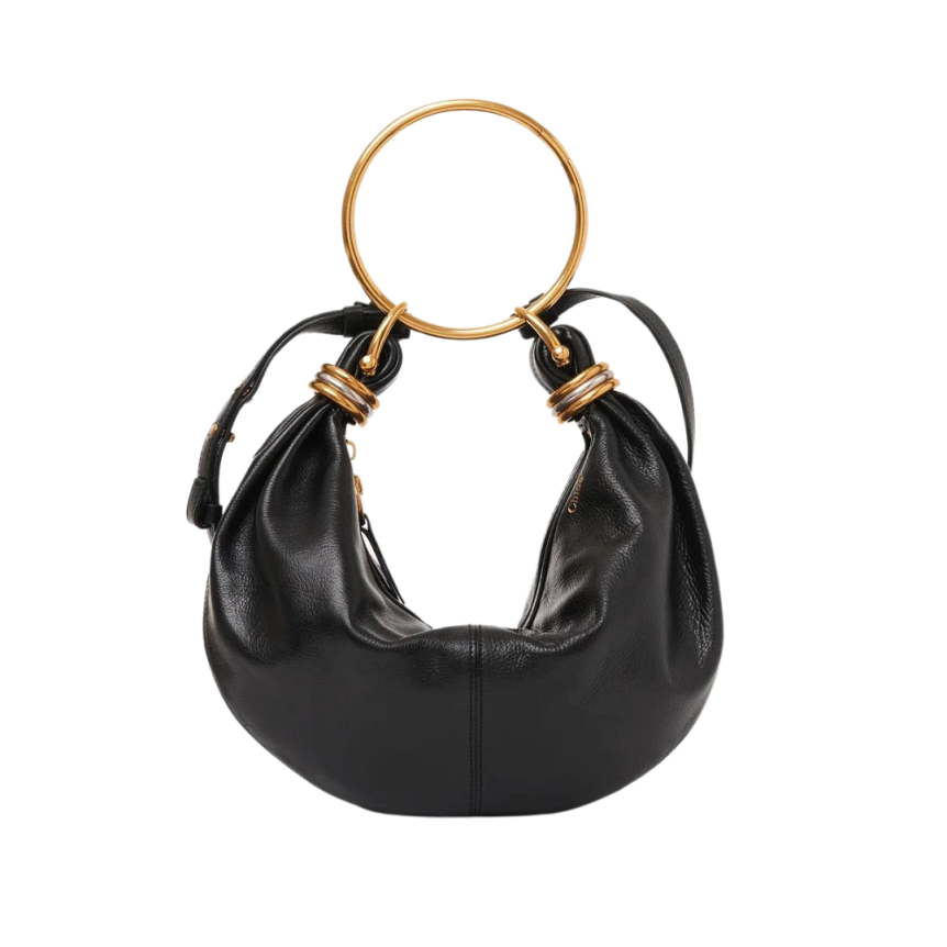Petit sac CHLOE Hobo cuir veau grainé brillant noir anneaux métal doré