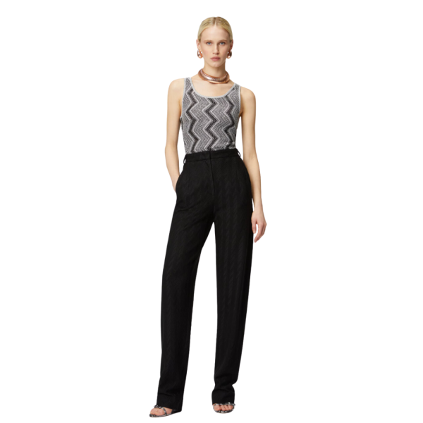 Pantalon carotte MISSONI laine viscose à motif zigzag ton sur ton noir