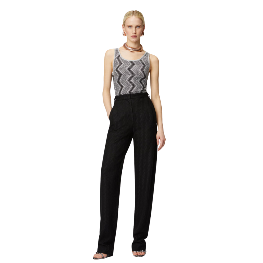 Pantalon carotte MISSONI laine viscose à motif zigzag ton sur ton noir